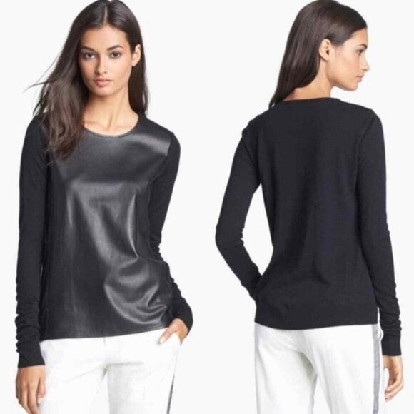 VINCE Lamb Leather Front Lightweight Wool Sweater - Picture 1 of 5